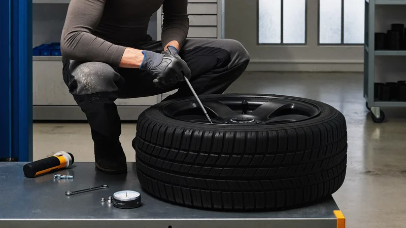 Technik zkoumá dezén sundané pneumatiky šídlem vedle opravné vložky